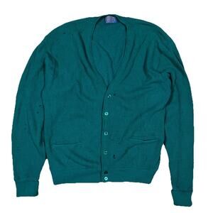 Vintage 1960s 70s Pendleton Cardigan Teal Blue Wool Grunge Distressed XL Cobain